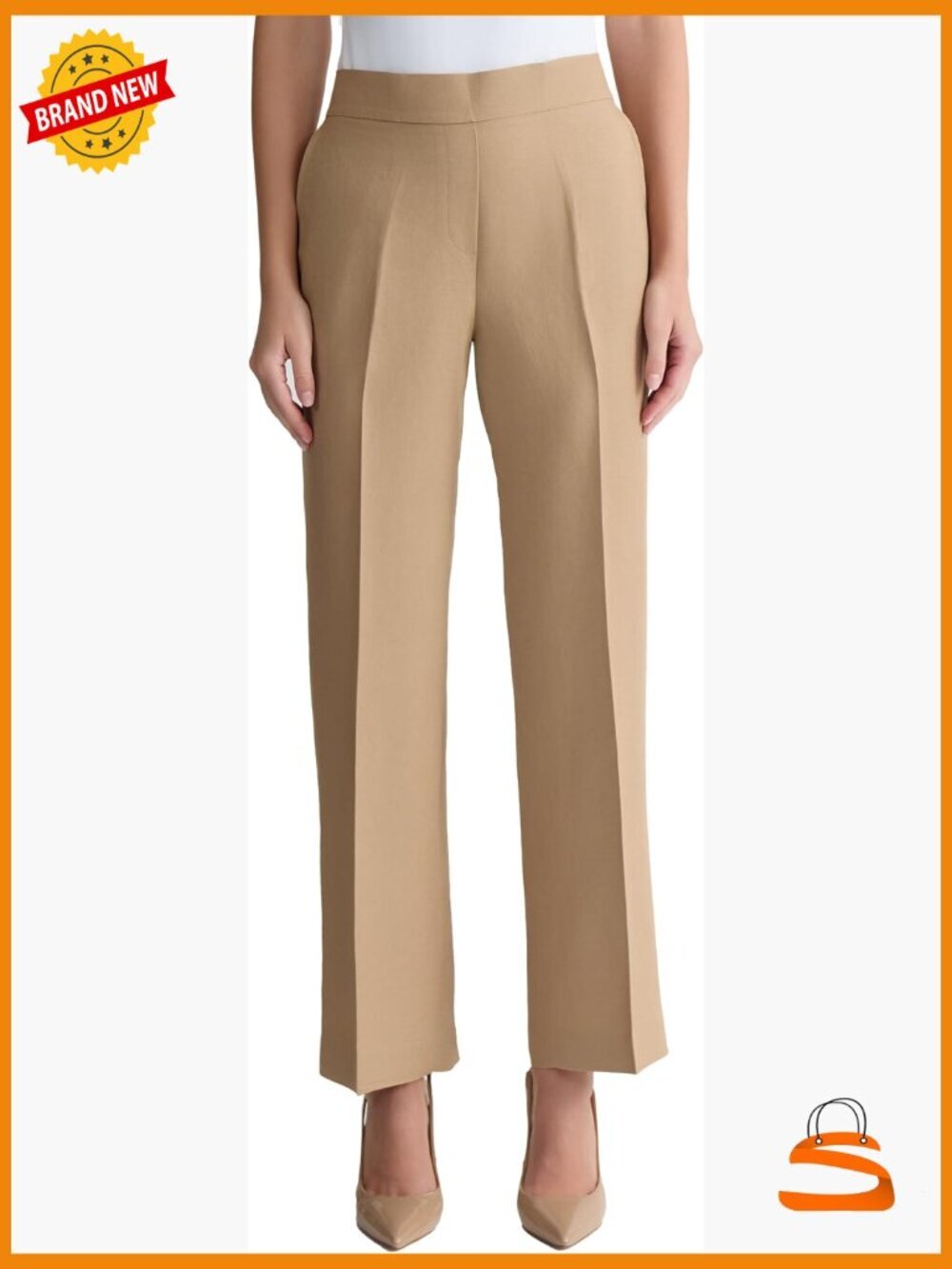 Wide Leg Pull On Dress Pants for Work Linen Blend Mid Rise Slacks